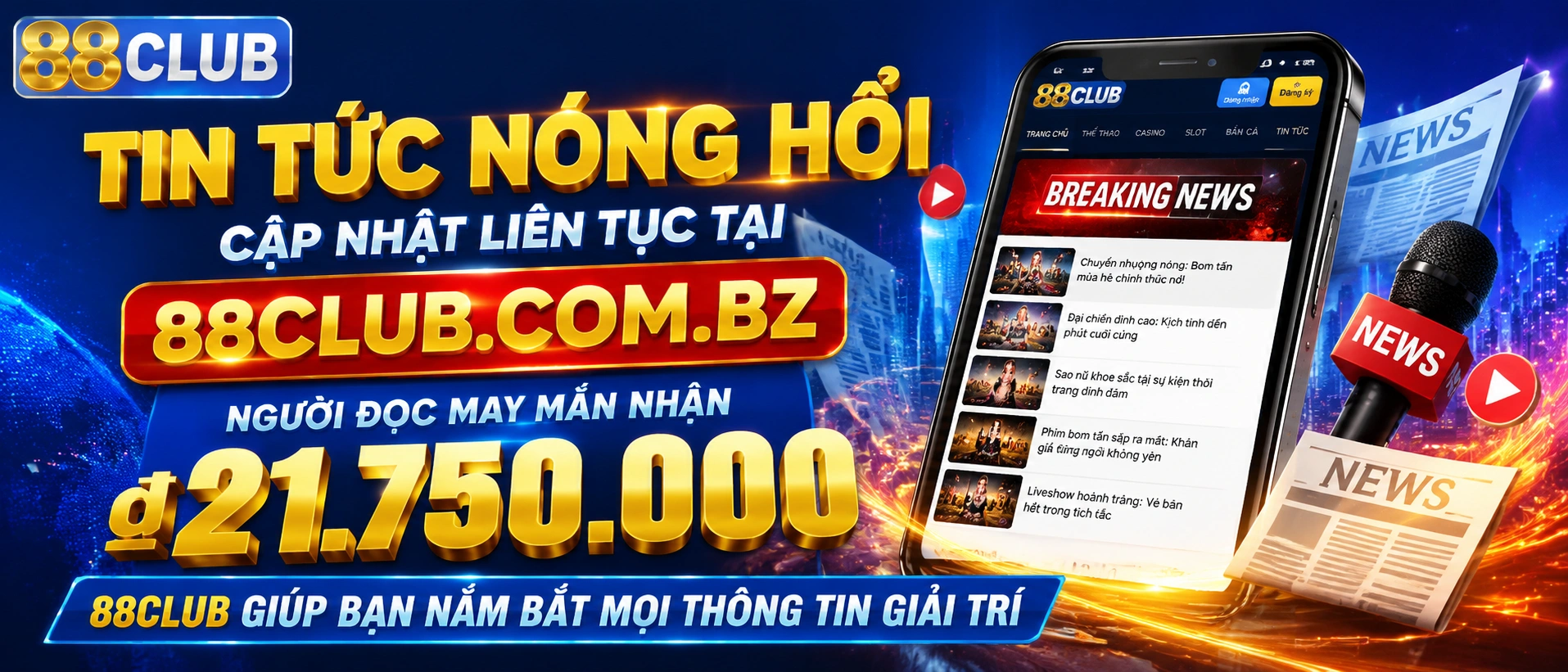 Giao diện 88club Tin Tức trên điện thoại với các thẻ tin khuyến mãi và cập nhật VIP